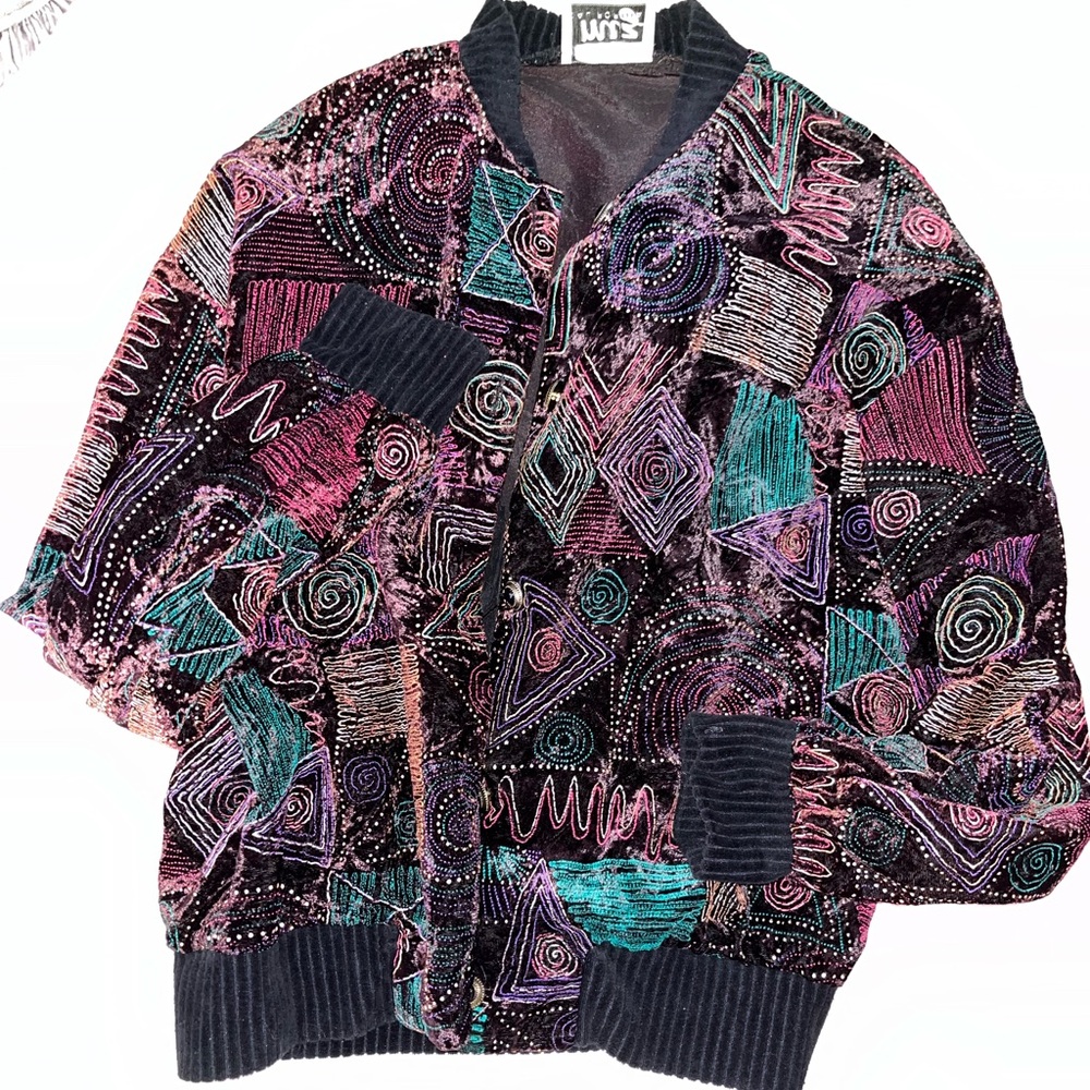 RARE 80s bomber jacket!!! Geometric shapes + velvet fabric